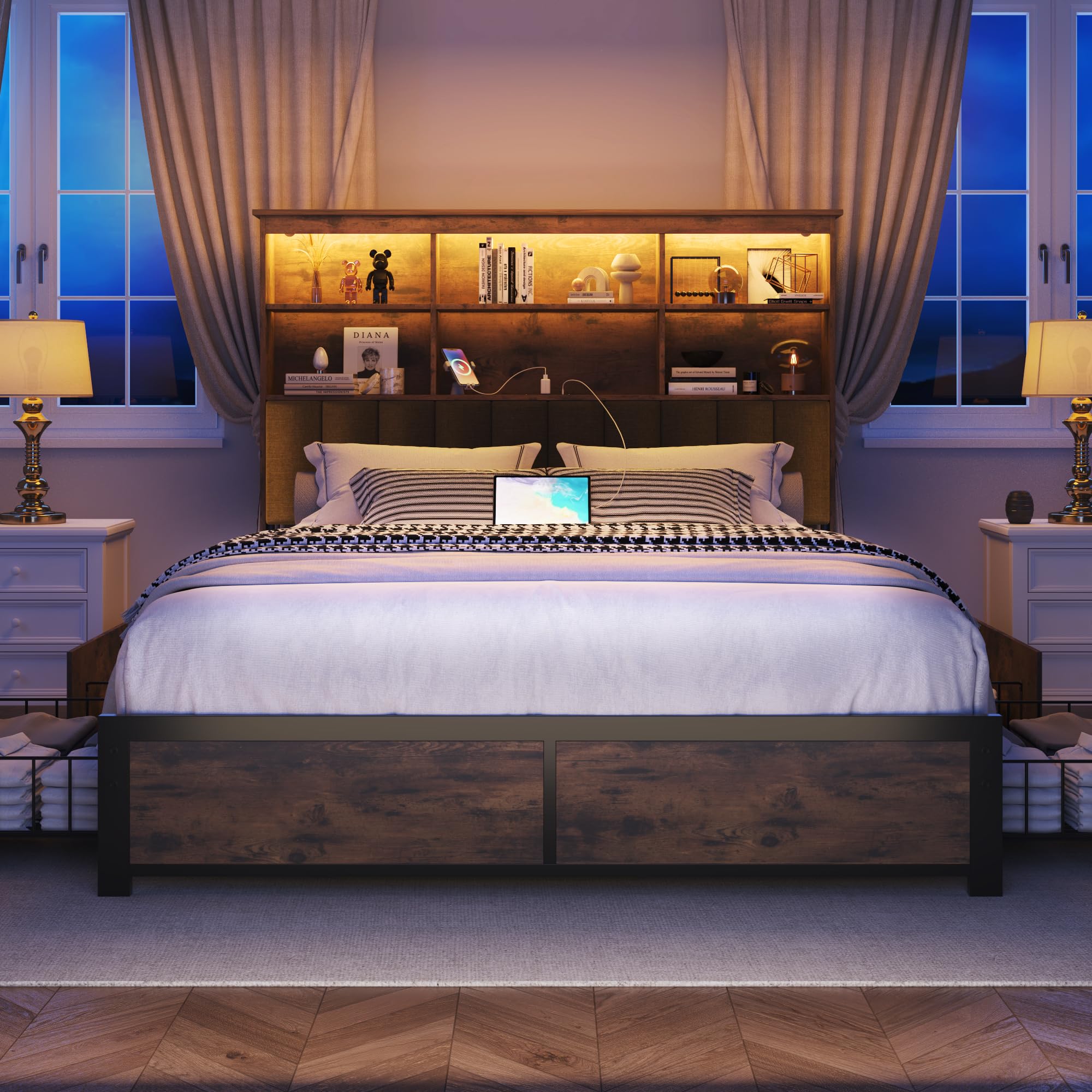 Queen Bed Frame with Headboard, Queen Bed Frame with High Storage Bookcase
