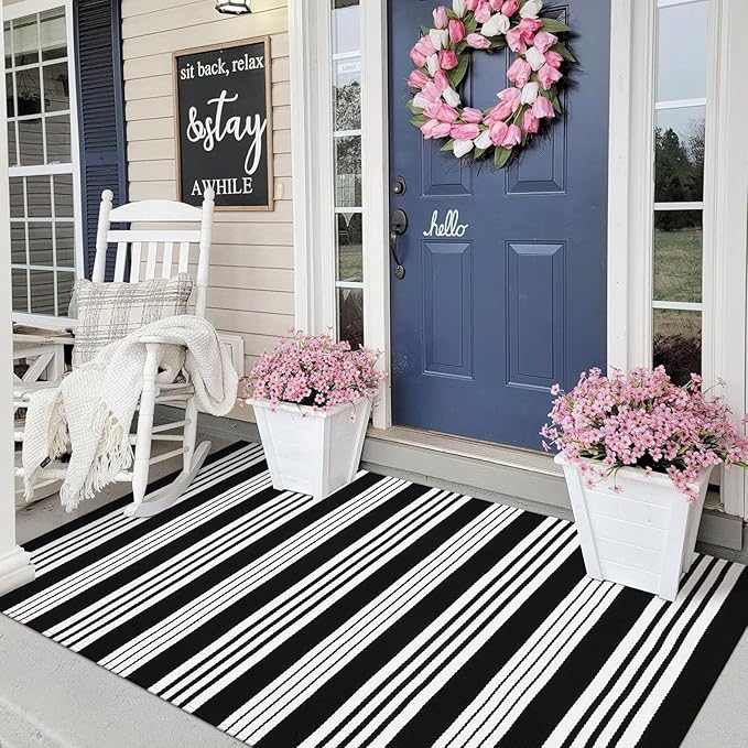 Black and Khaki Striped Rugs 3x5, Outdoor Cotton Hand Woven Front Door Mat,Washable