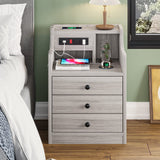 Nightstand Set 2,Gray Nightstand with Charging Station & Hutch