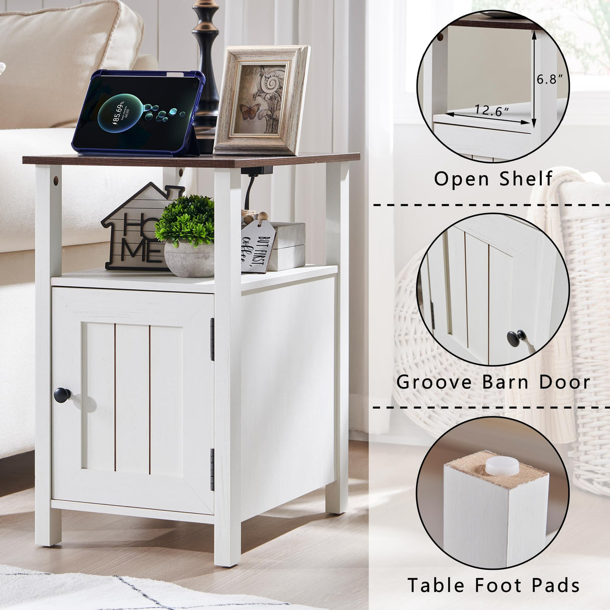 Farmhouse Nightstand Set of 2, End Table with Charging Station