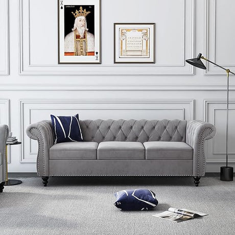 Modern Tufted Couch 3 Seater with Rolled Arms and Nailhead