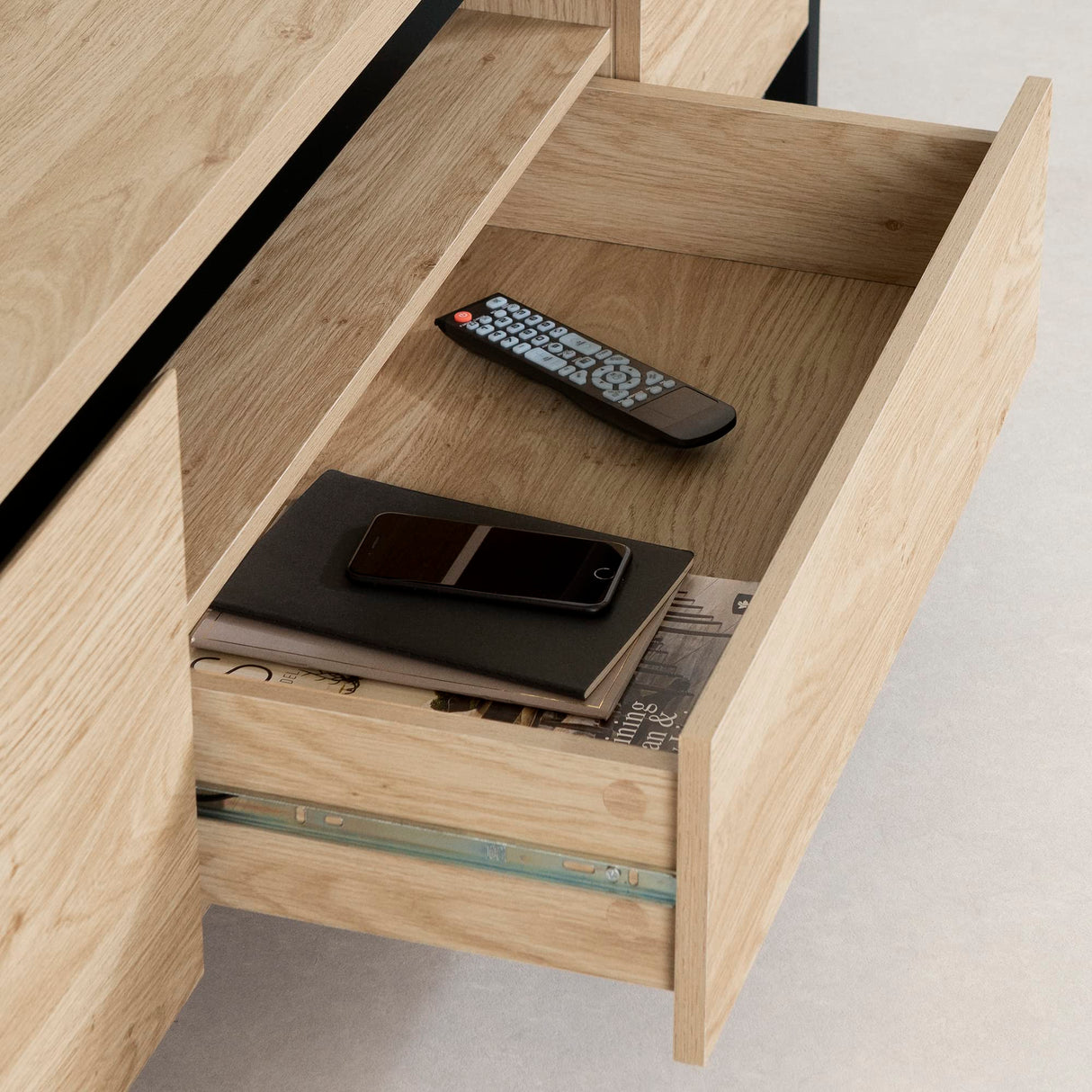 TV Stand with Doors and Drawer, 70", Natural Oak