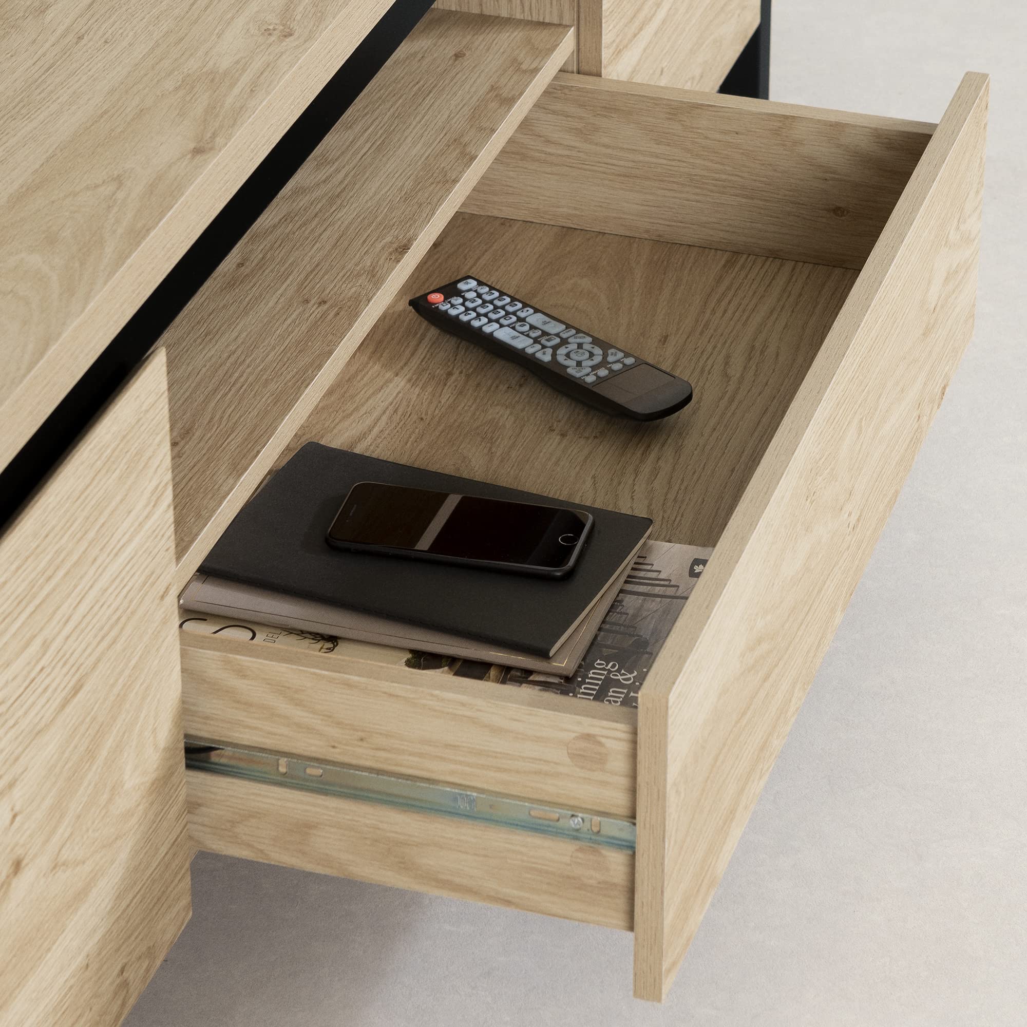 TV Stand with Doors and Drawer, 70", Natural Oak