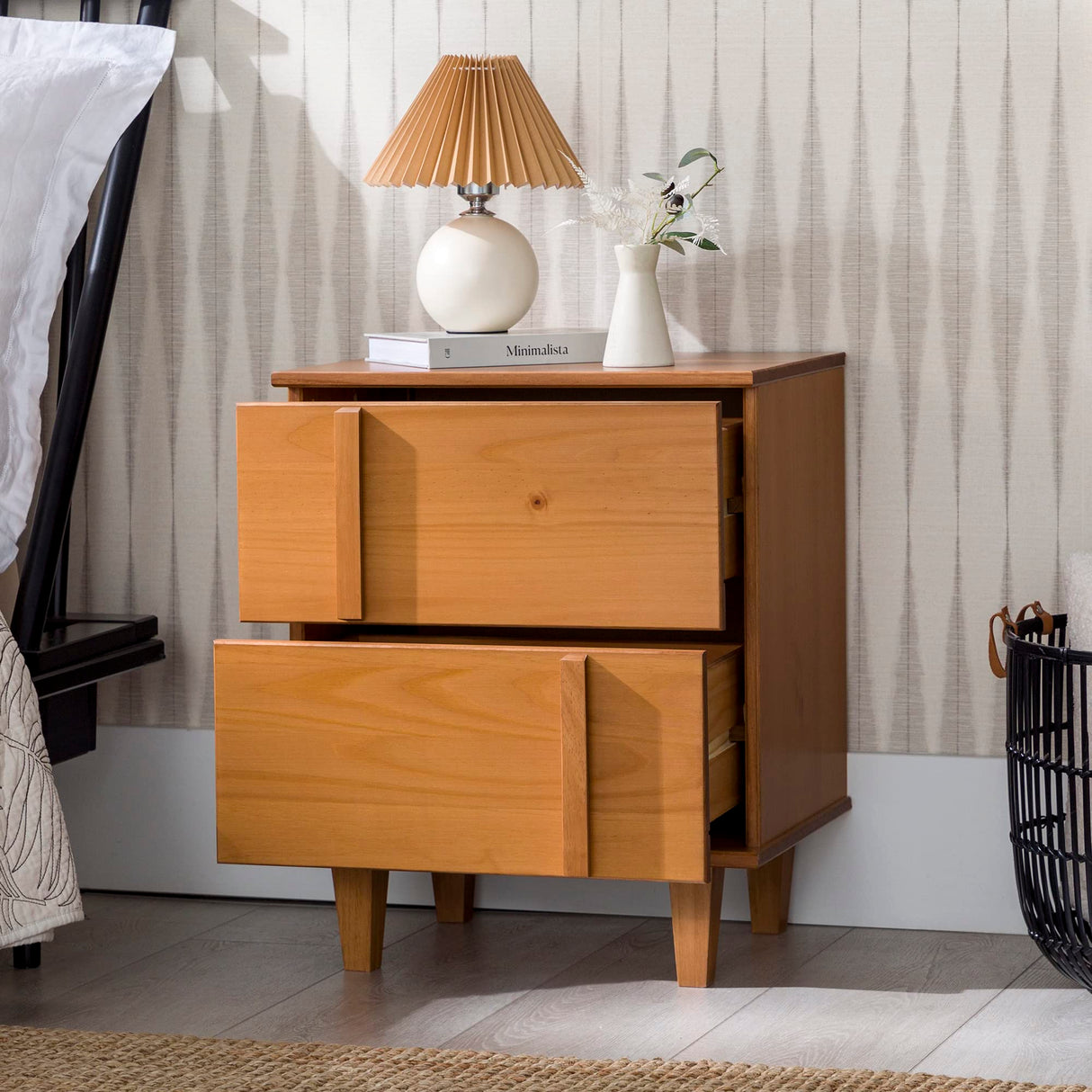 Sprague Contemporary Detailed Drawer Solid Wood Nightstand, 20 Inch, Caramel