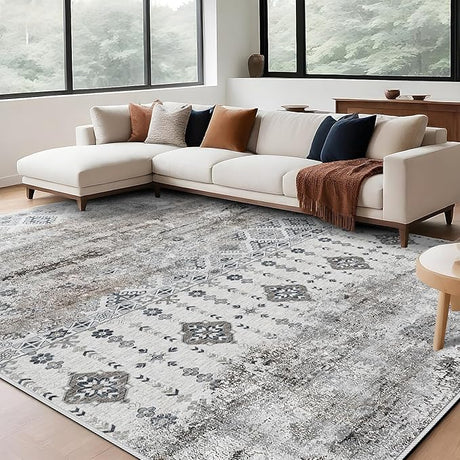 Abstract 8x10 Area Rug: Retro Soft Washable Non-Slip Neutral Area Rugs for Living Room