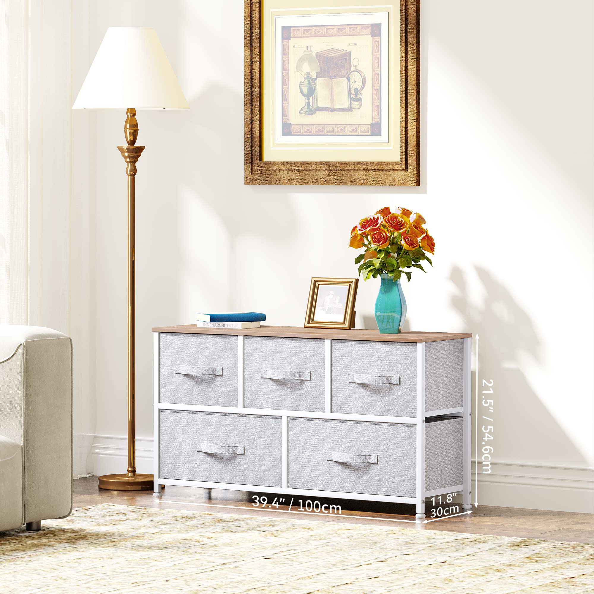 Wide Chest of Drawers, Dresser with 5 Drawers, Oak Greige Fabric Storage Tower