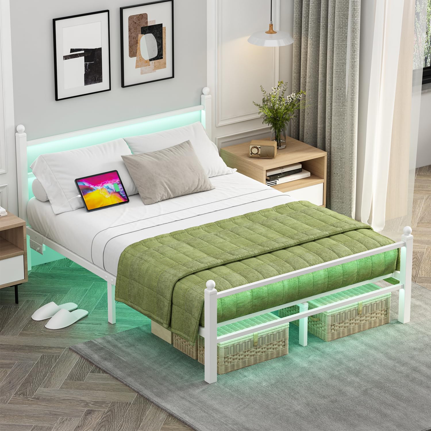 Full Size Metal Bed Frame with LED Lights & Charging Station - White