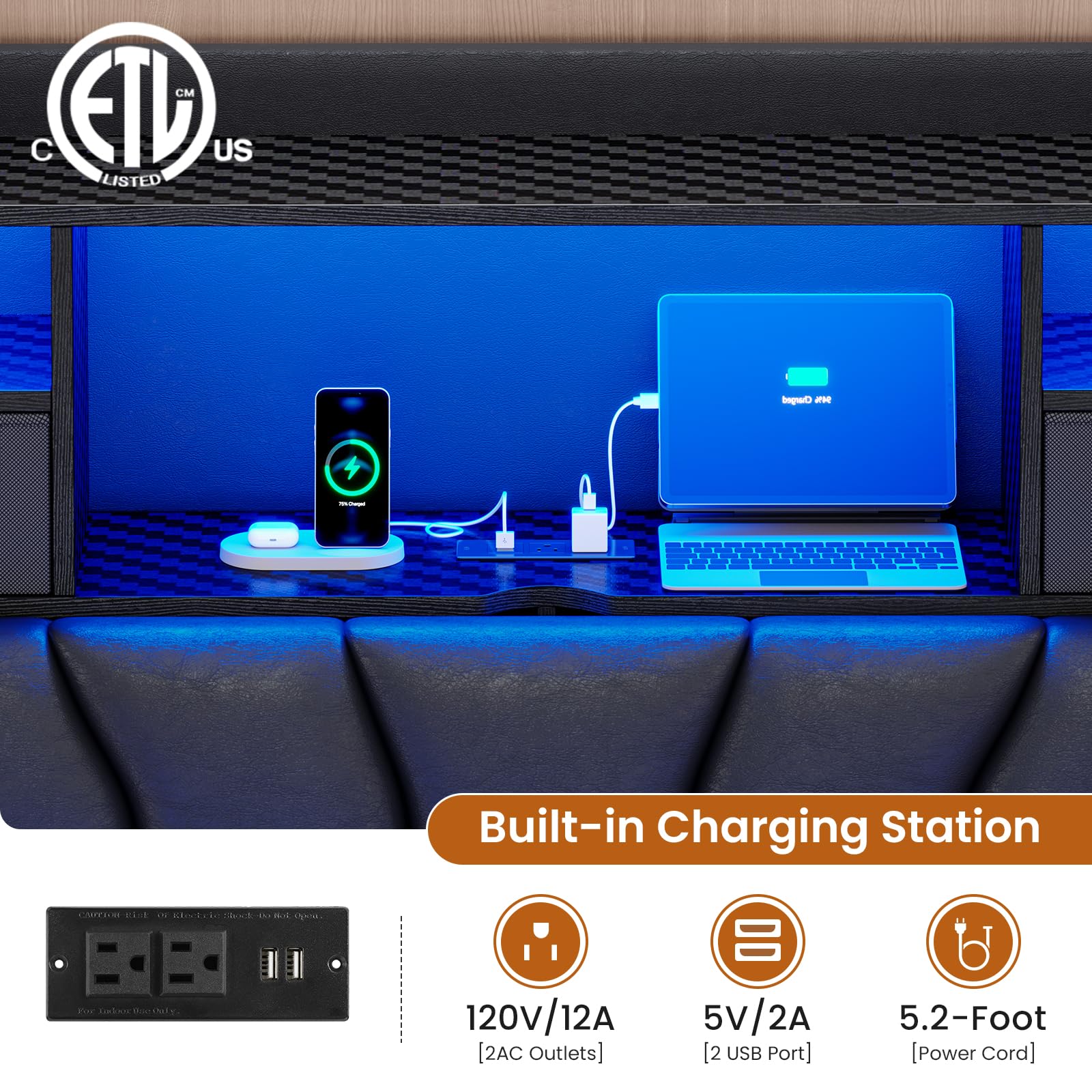 Queen Gaming Bed with RGB Lights & Storage