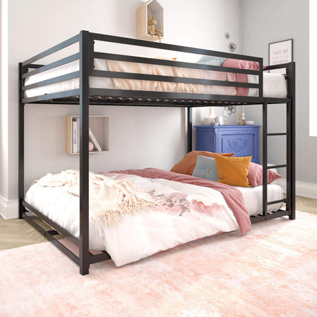 Metal Bunk Bed Frame for Kids, With Built-in Ladder, High Guardrail and Metal Slats, Floor Bed Bottom Bunk, No Boxspring Required, For Small Spaces, Full-Over-Full, Black