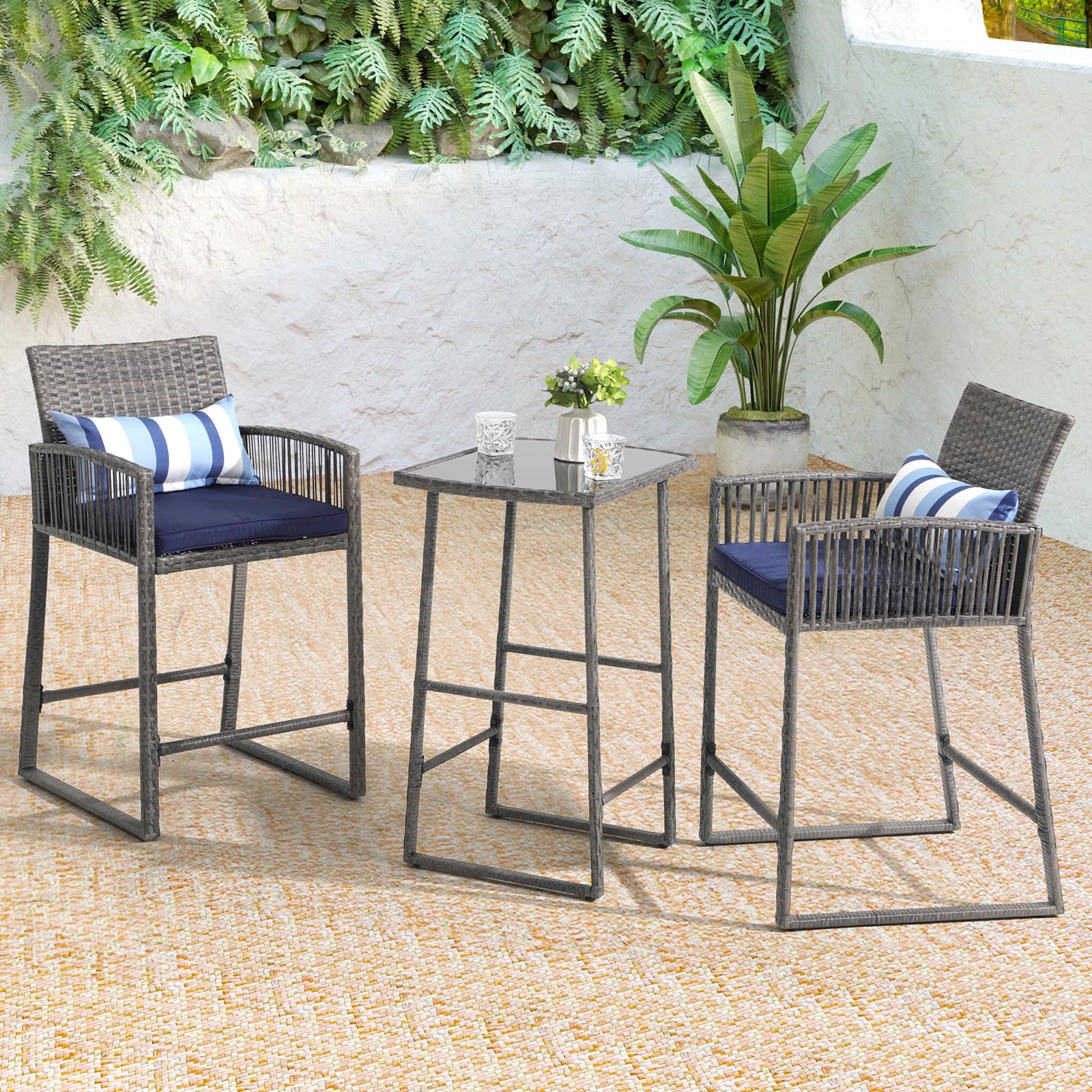 3-Piece Outdoor Wicker Bar Height Table Set, 2 Bar Stools and 1 Pub Table