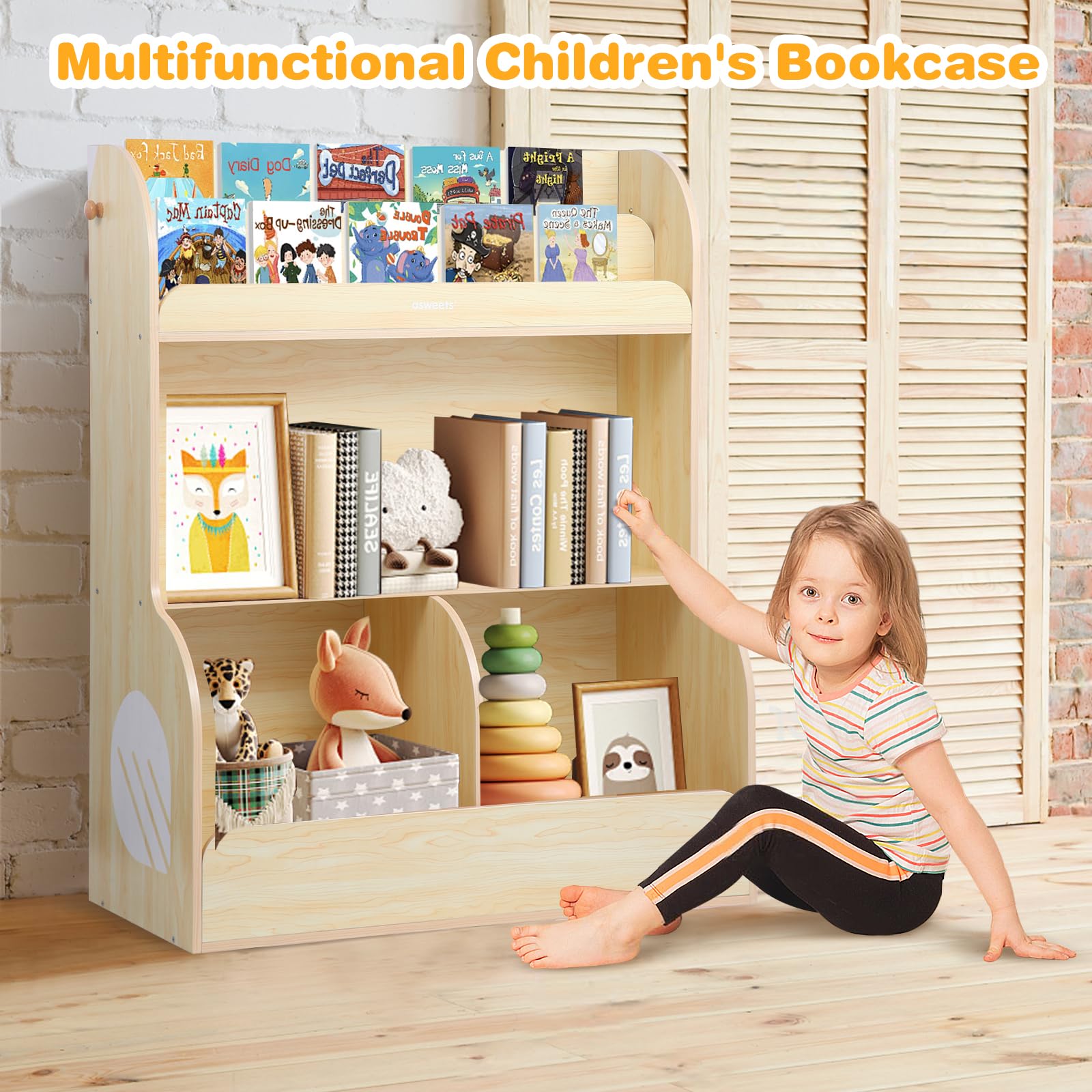 Bookshelf & Montessori Toy Storage Cubby, 3 Tiers Children Wooden Bookcase
