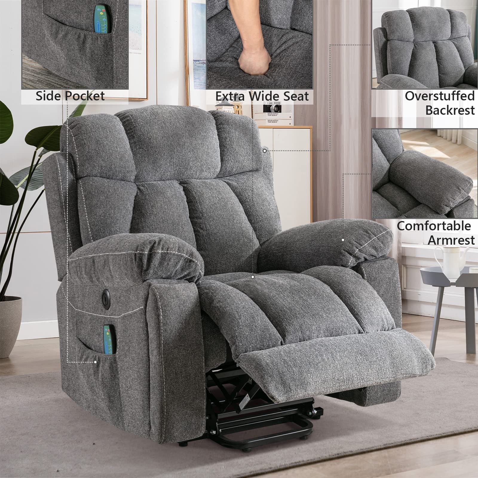StoneCraft Titan XL Power Lift Recliner Chair – Massage, Heat, USB & Hidden Cup Holders