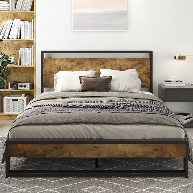 Full Bed Frame with Wood Headboard,Rustic Platform Bed with Heavy Duty Metal
