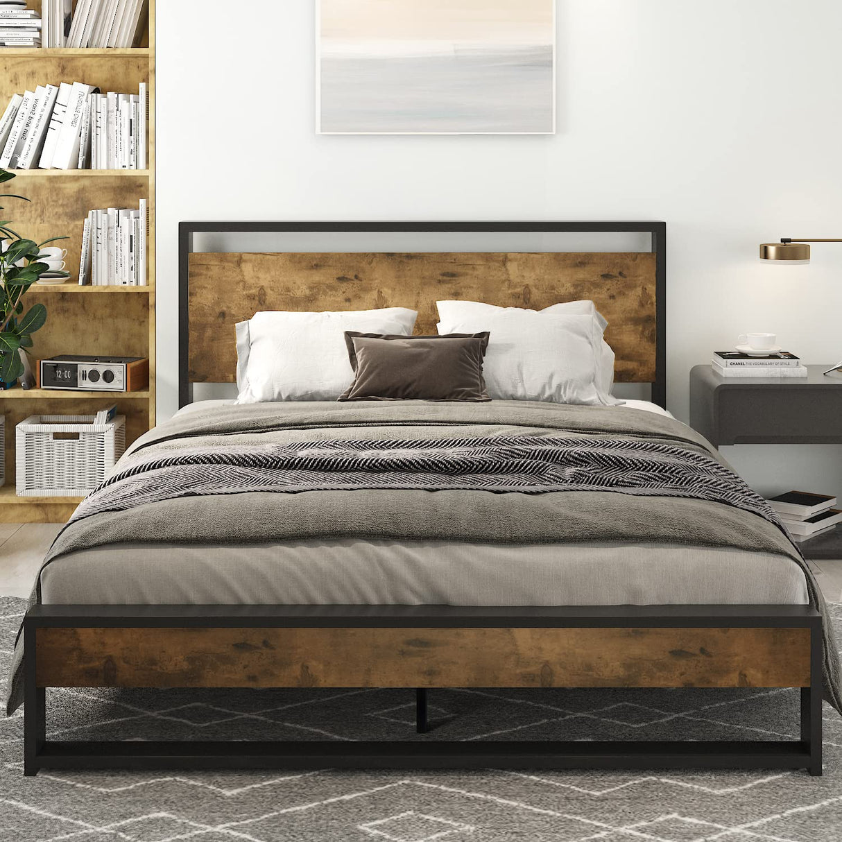 Full Bed Frame with Wood Headboard,Rustic Platform Bed with Heavy Duty Metal