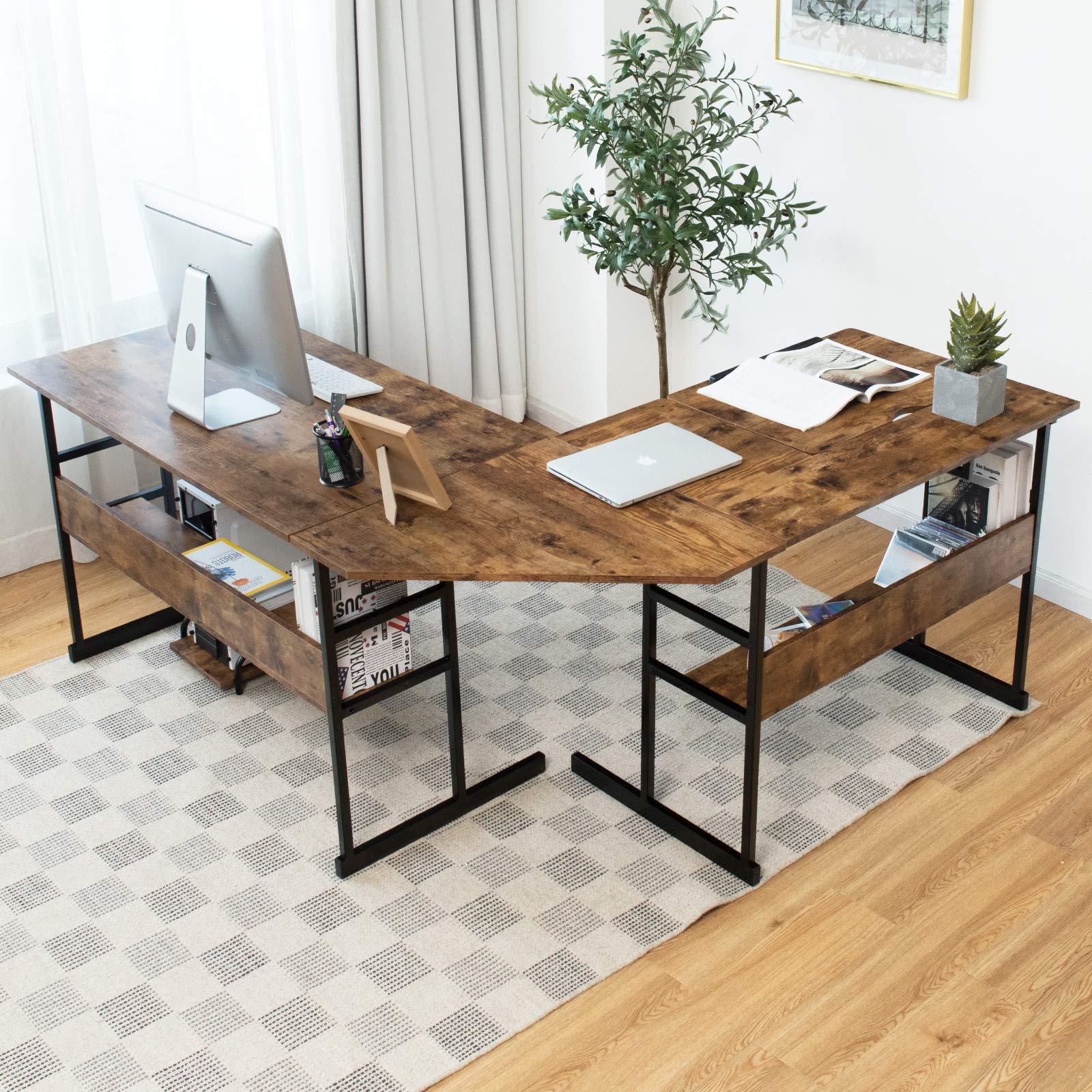 67 Inches L-Shaped Office Desk, Corner Computer Desk with Bottom Bookshelves & CPU