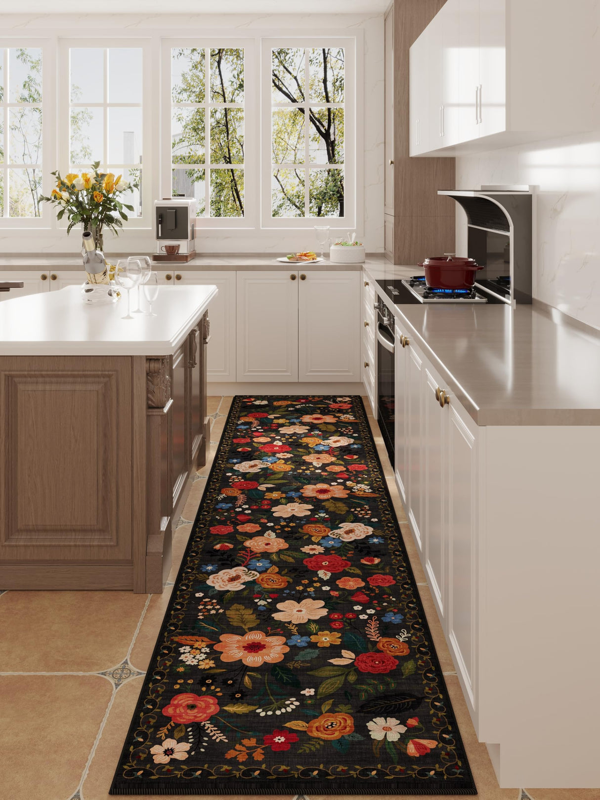 Rugcomf Runners for Hallways Kitchen Runner Rug Non Slip 2'x 10' Long Washable Runner Rugs with Rubber Backing Soft Floral Carpet Runner for Hallways, Kitchen, Laundry, Bedroom, Bathroom(Black)