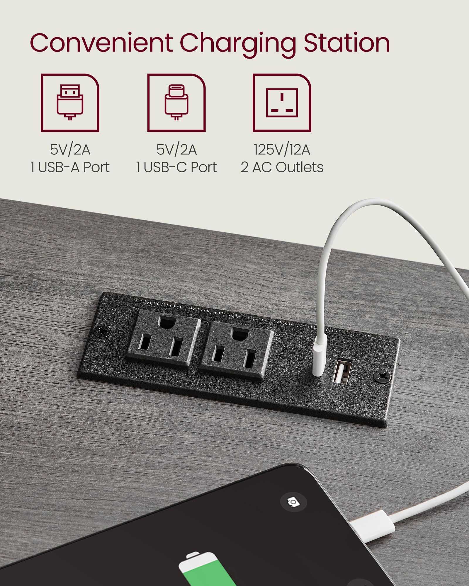 Farmhouse Nightstand with Charging Station, Bedside Table with Drawer