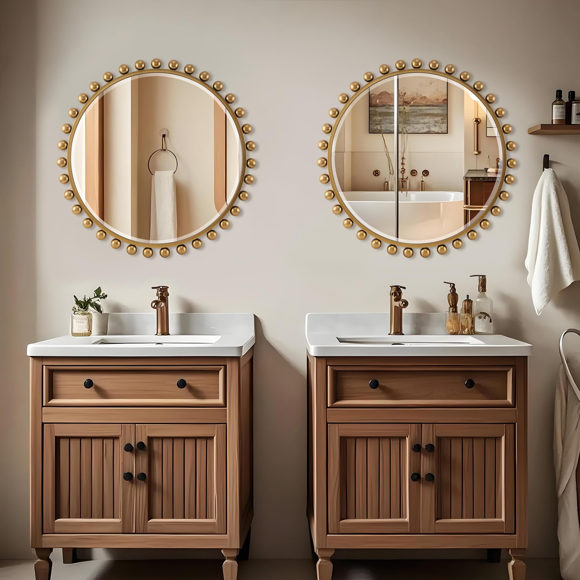 Antique Gold Round Mirror with Beveled Glass - 30 Inch Beaded Decorative Wall Mirror