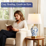 Chinoiserie Ceramic Table Lamps Set of 2 - 22" Blue and White Bedside Lamps