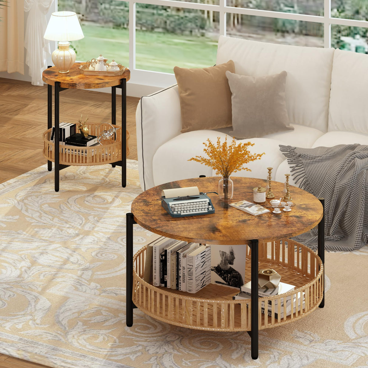 3 Pieces Coffee Table Set for Living Room, 2 Tier Round Rattan Coffee End Side Table