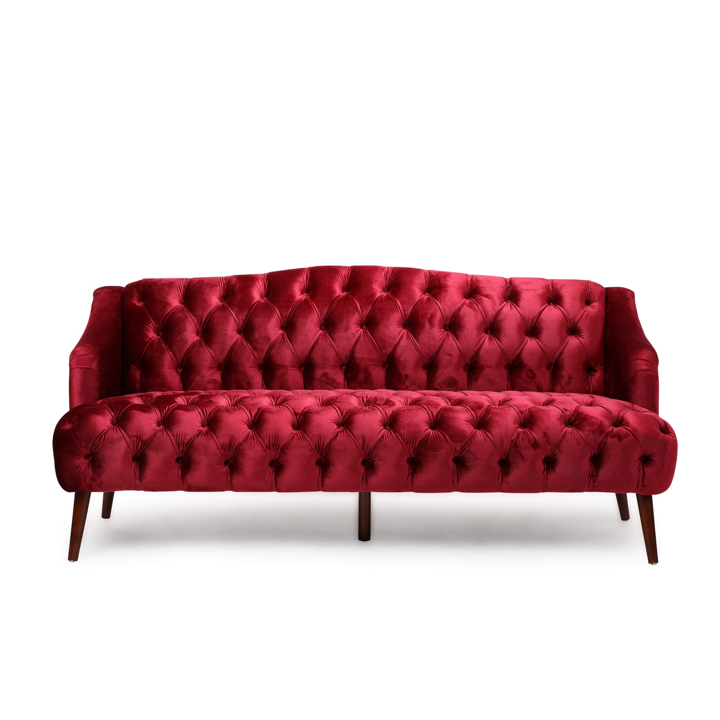 Esther Modern Glam Tufted Velvet 3 Seater Sofa, Wine and Walnut