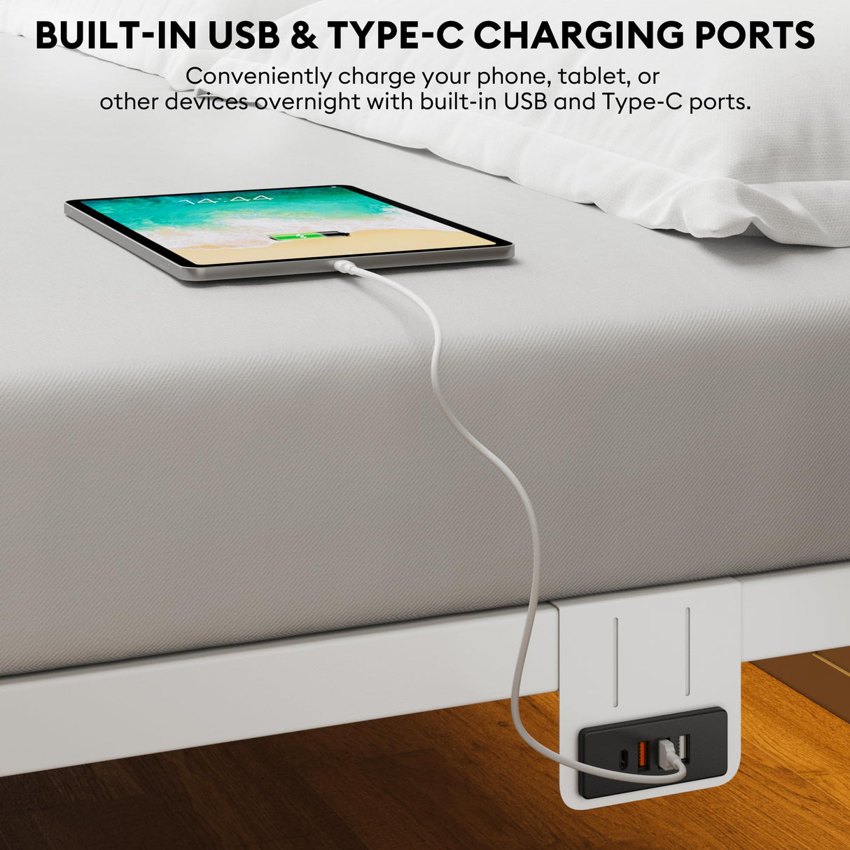 Queen Metal Platform Bed Frame with LED Lights & Charging Station