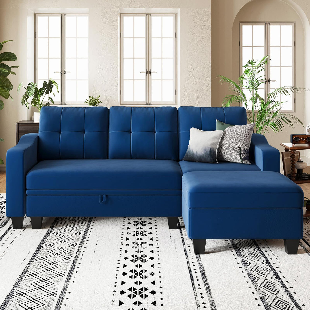 Velvet Sectional Couch with Storage, L Shaped Sofa with Chaise for Small Space, Blue