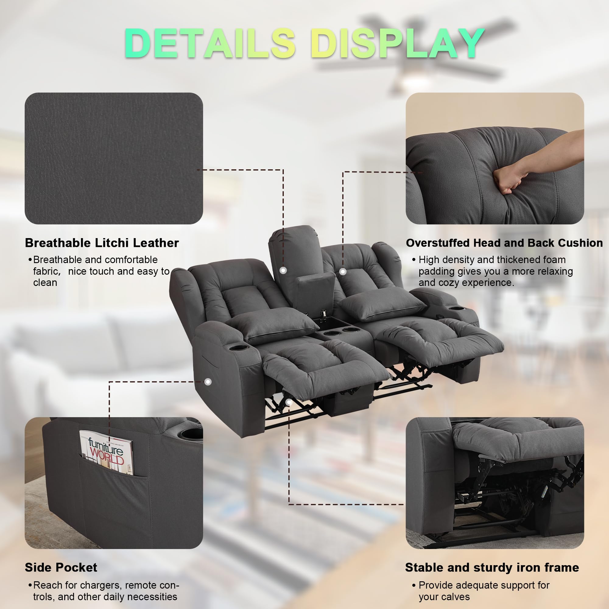 CozyNest 65" Dual Recliner Loveseat Sofa – Manual Recline, Console Storage
