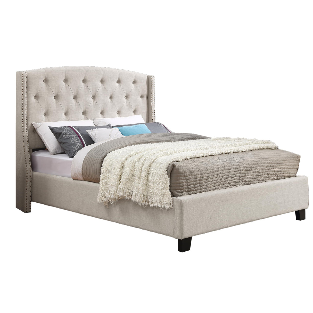 Wood Full Size Bed Frame, Mid Century Modern Platform Bed with Headboard