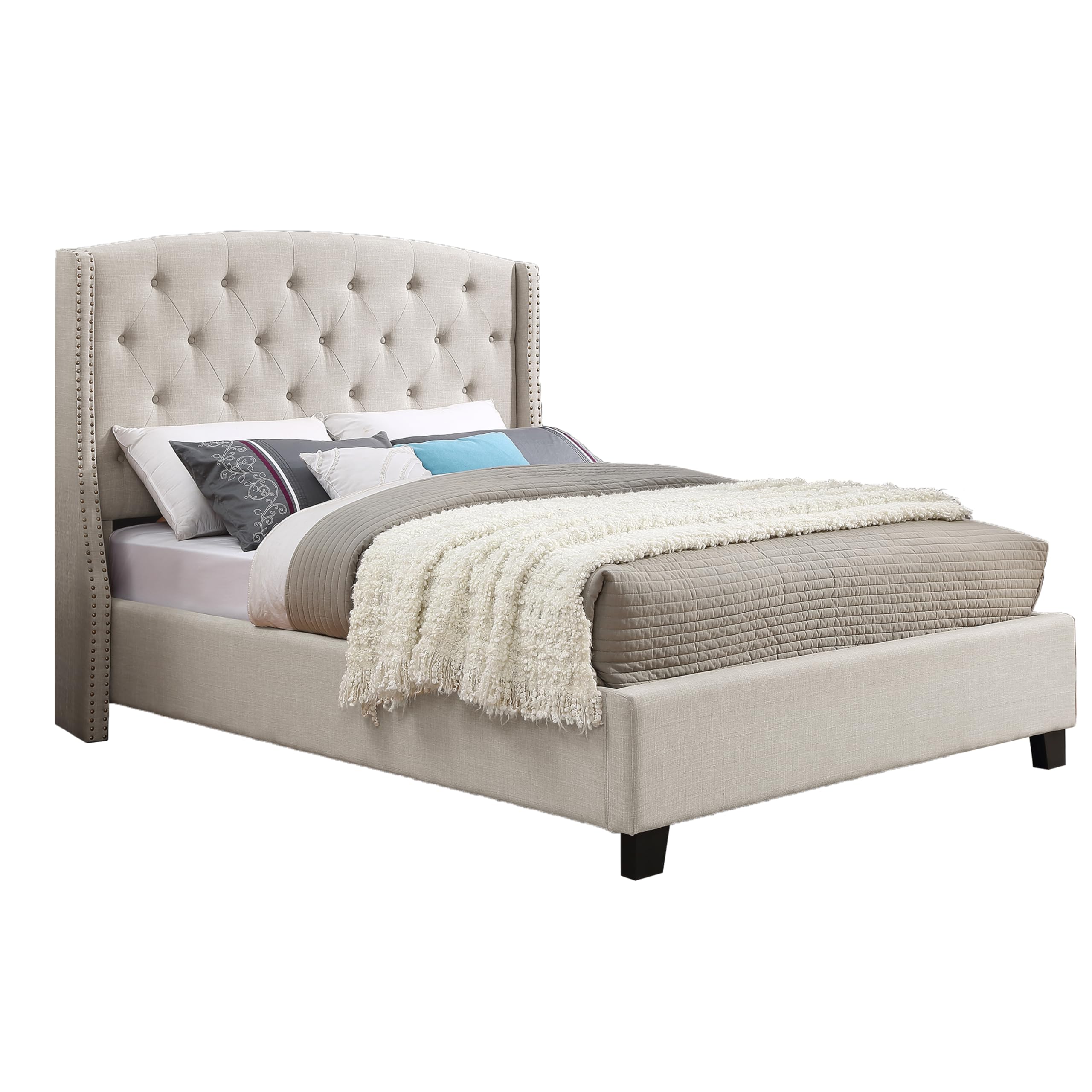 Wood Full Size Bed Frame, Mid Century Modern Platform Bed with Headboard