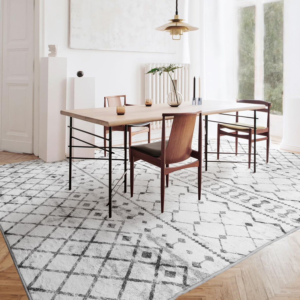 5x7 Machine Washable Area Rug - Modern Geometric Faux Wool Carpet with Non-Slip Backing