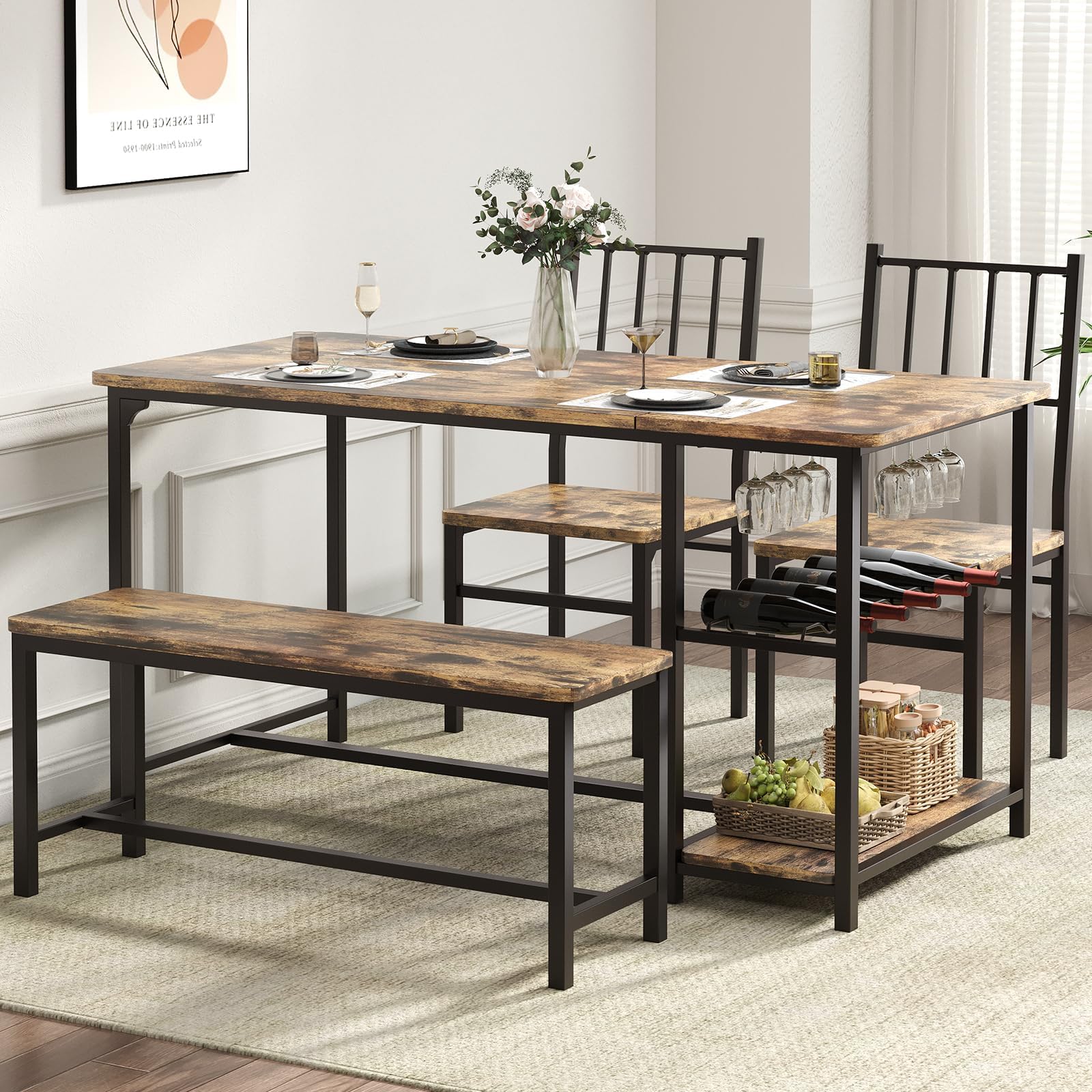 4-Piece Dining Set with Wine Rack Storage