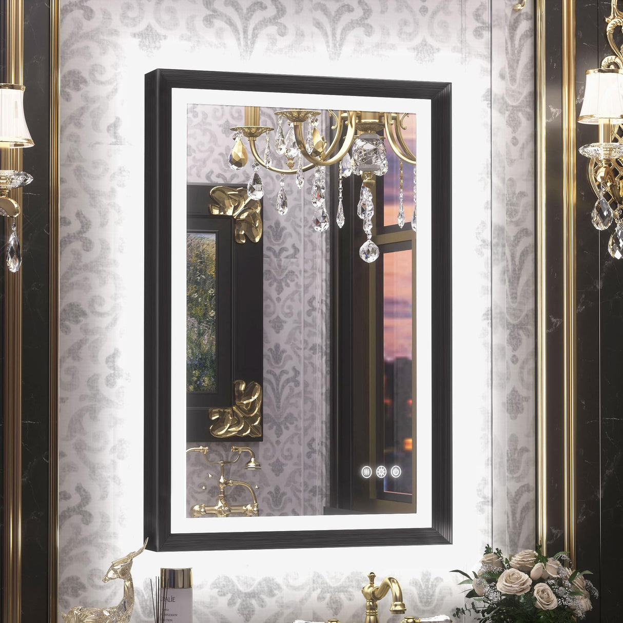 Black LED Bathroom Mirror with Lights 24x36 Front & Back Light Vanity Framed Mirror