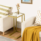 C Shaped Glass End Table, Small Gold Sofa Side Table, Narrow Snack Side Table