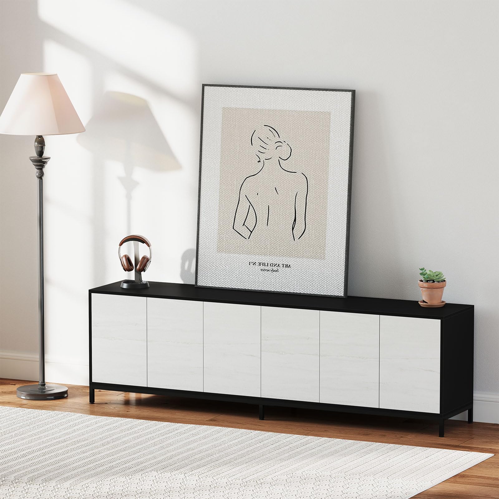 TV Stand for 80" 85" TV, Modern Entertainment Center with 6 Cabinet Doors Long