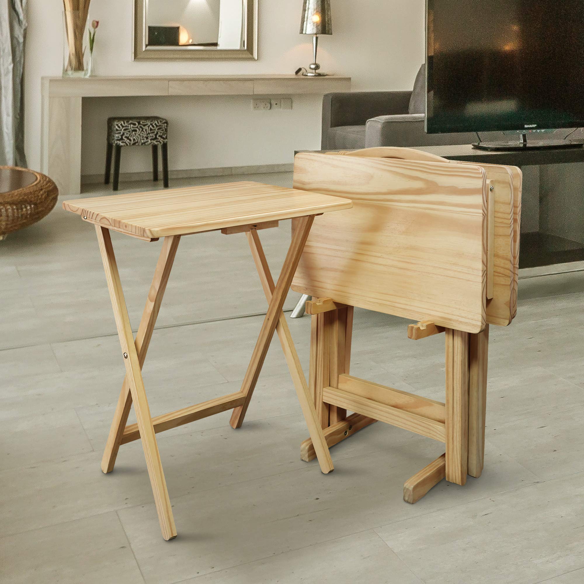 OakNest 5-Piece Solid Wood Folding TV Tray Table Se
