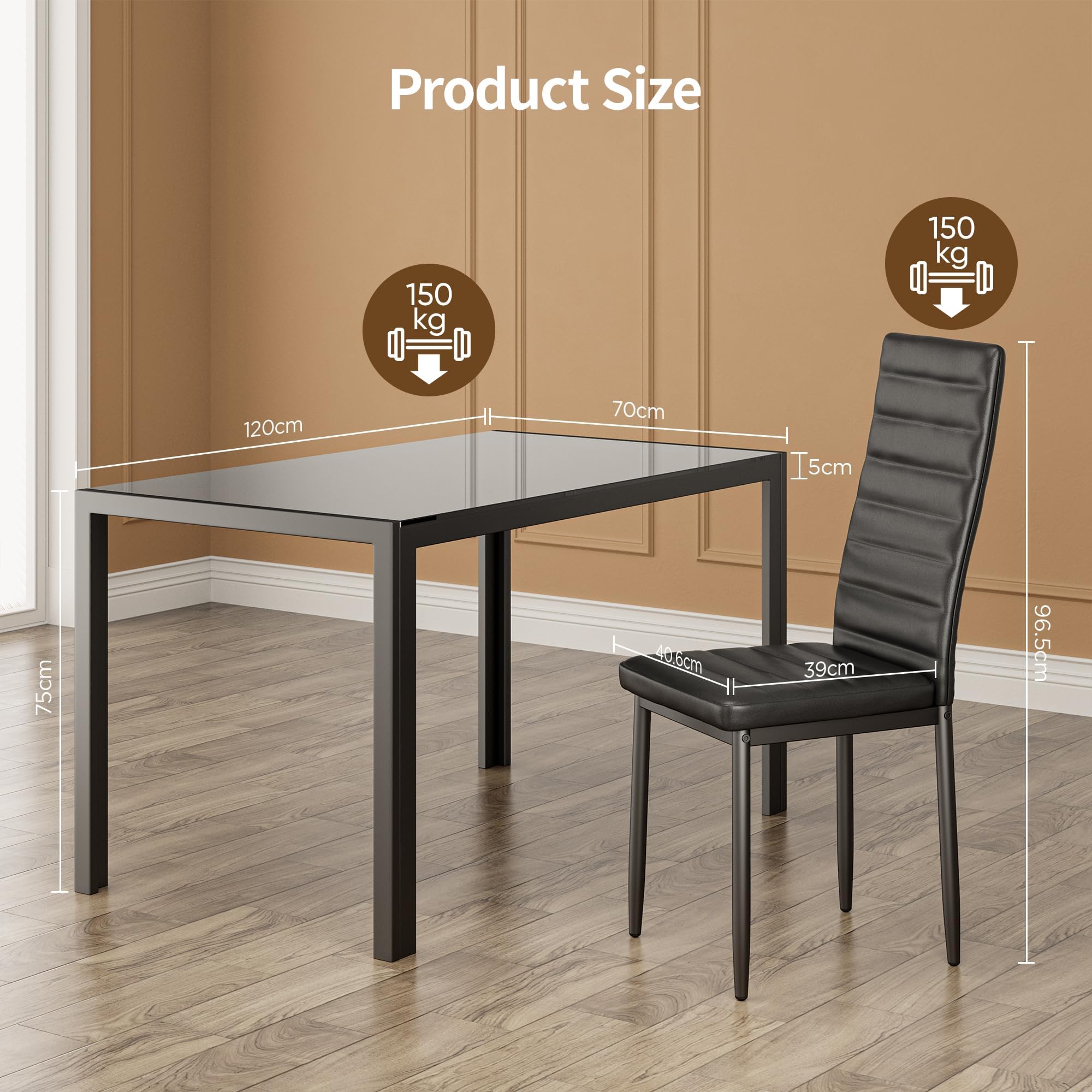 5-Piece Tempered Glass Dining Table Set for 4 - Modern Black Kitchen Table with Chairs