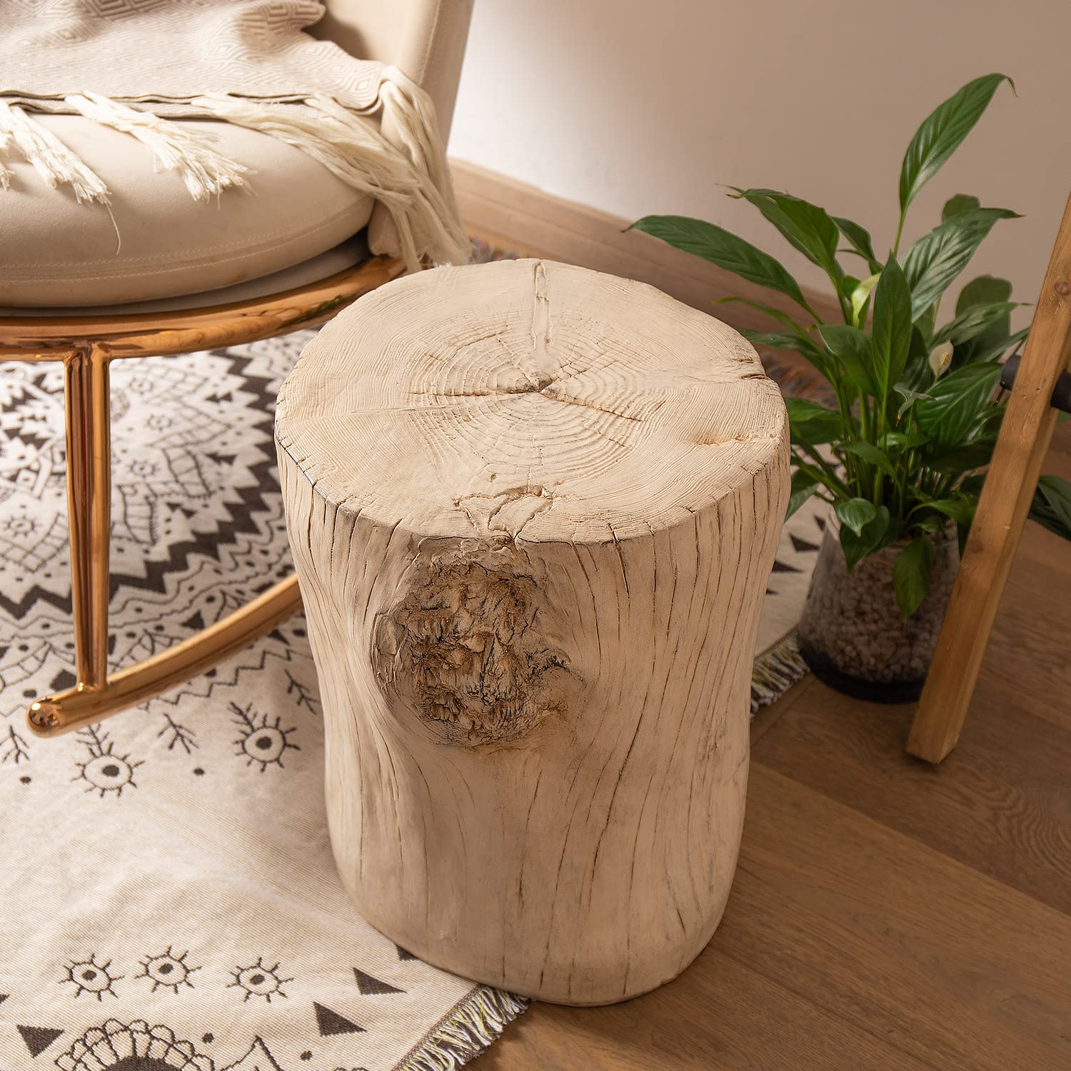 COSIEST 2 Pieces Outdoor Antique Beige Side Table Faux Wood, Hand - Painted Wood Stump Stool, Ottomans, Plant Stand, Deck or Garden - Bircata
