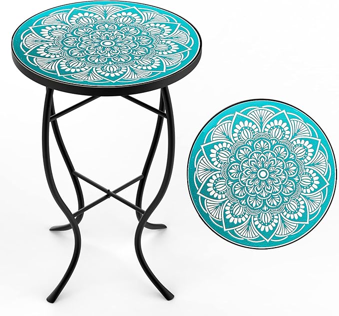 Mosaic Outdoor Side Table, Patio Side Table, Weather Resistant 14" Diameter 21"