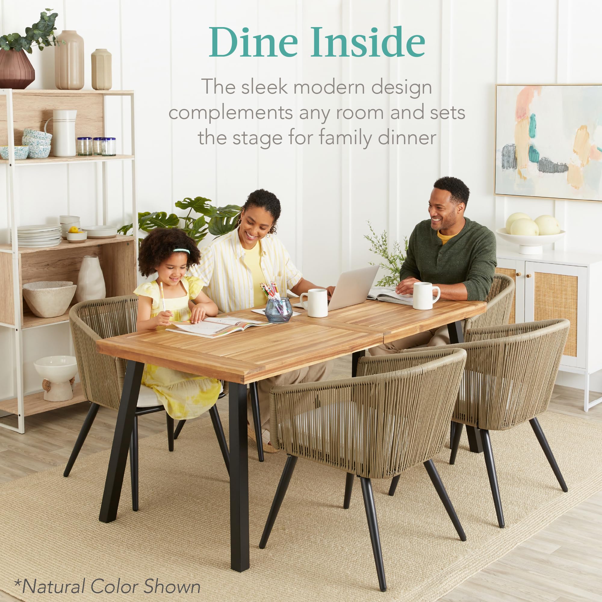 6-Person Indoor Outdoor Acacia Wood Dining Table, Picnic Table w/Powder-Coated Steel,