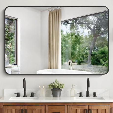 Bathroom Mirror, 36"x55" Black Rectangle Wall Mirror, Metal Frame Rounded Corner