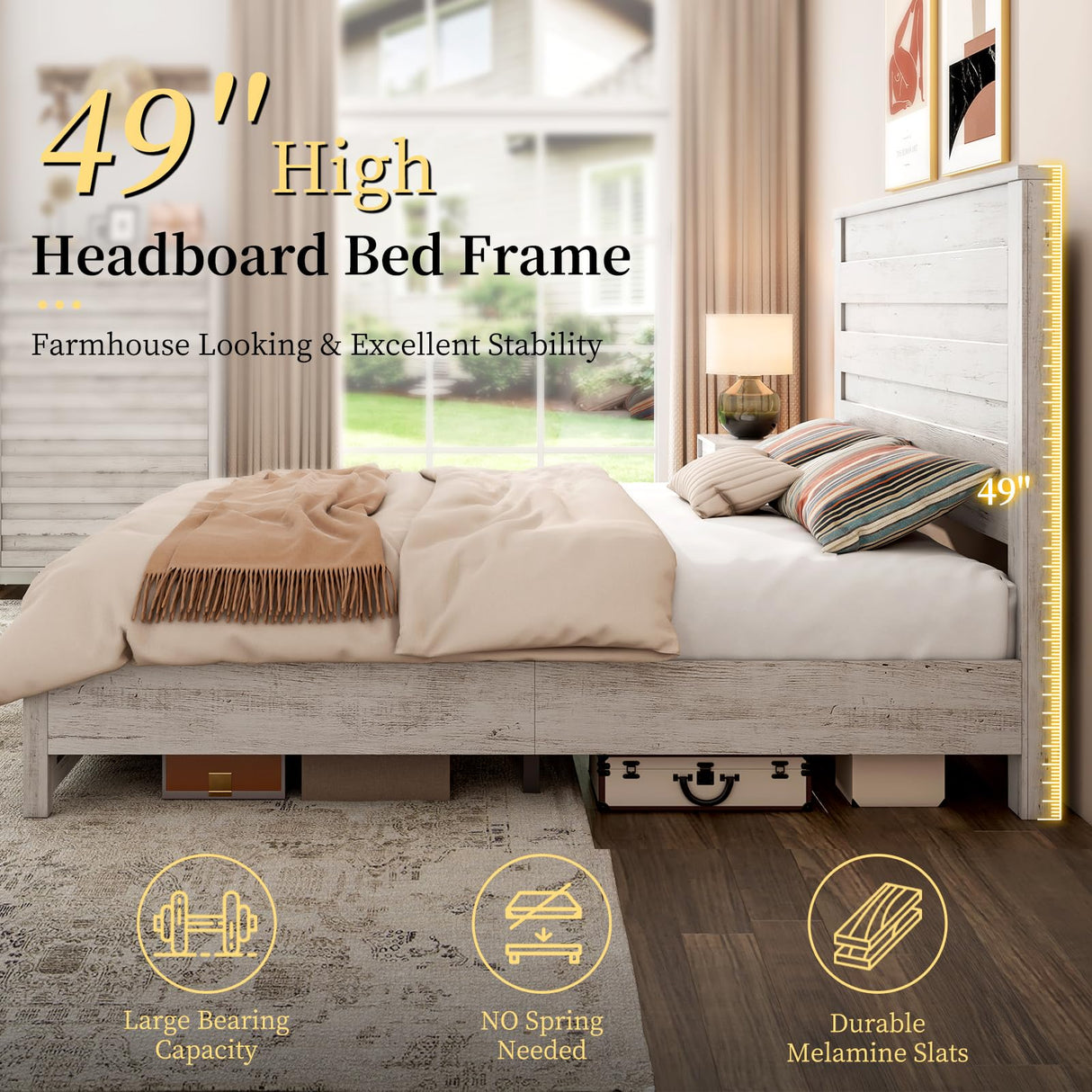 Farmhouse Full Bed Frame with 49" Tall Headboard, Wooden Platform Bed with Hidden