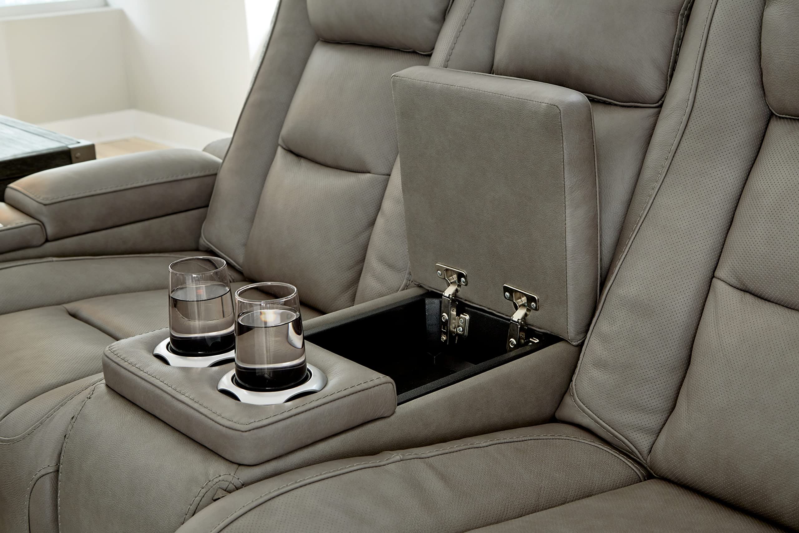 The Man-Den Leather Power Reclining Loveseat with Center Console, Adjustable Headrest