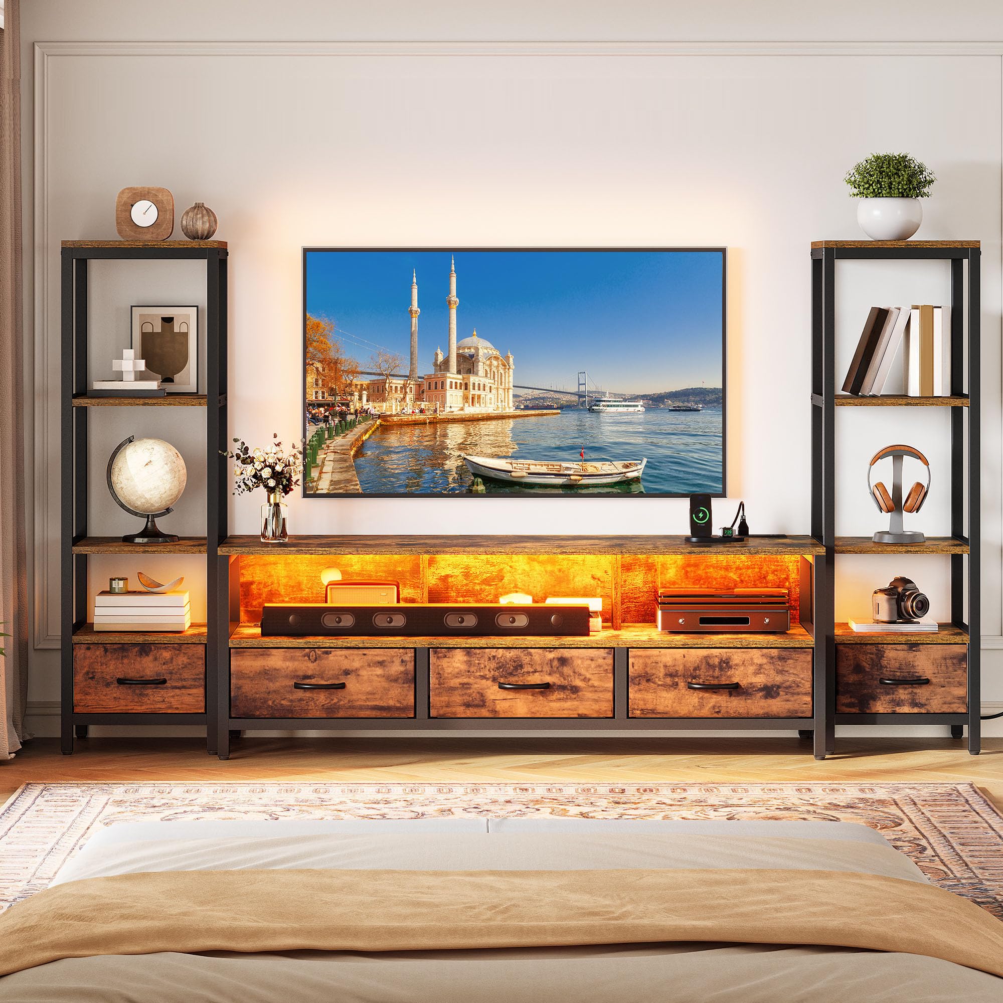 65 Inch TV Stand with LED Lights and Power Outlets