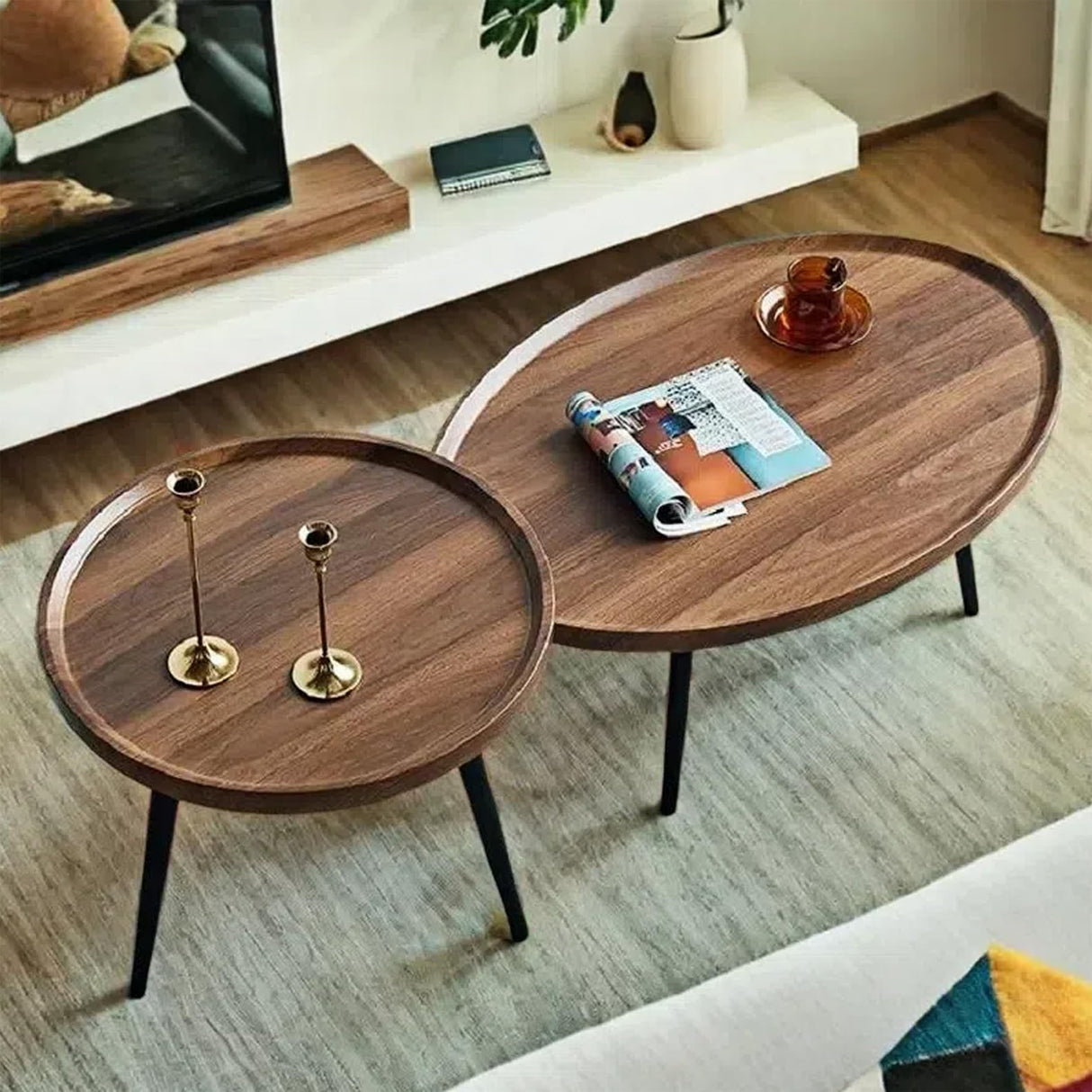 Nesting Coffee Table, Walnut Wood Side Table, Unique MCM Mid Century Small End Table