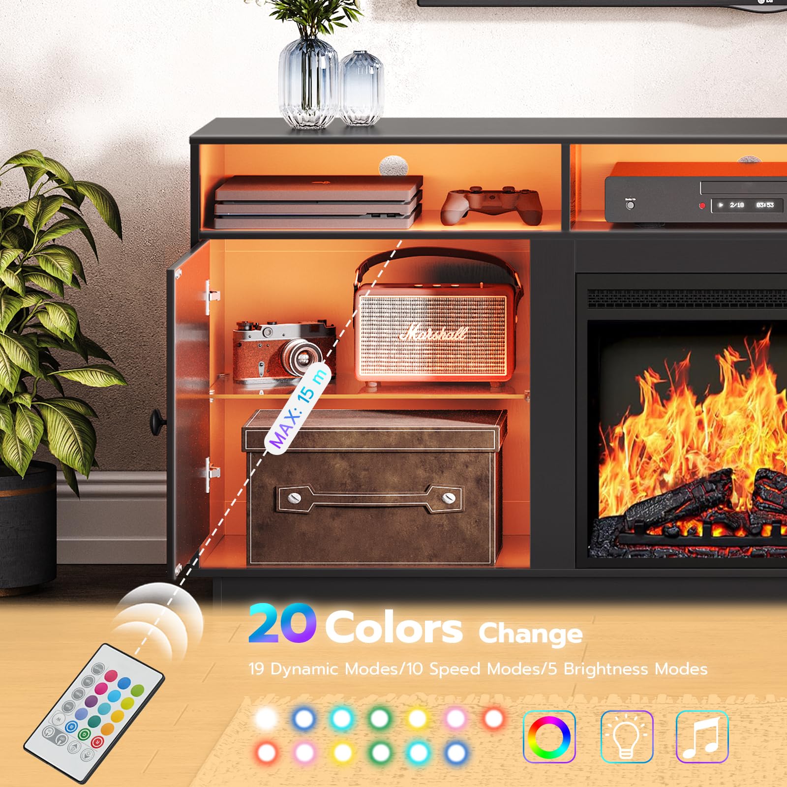 Electric Fireplace TV Stand with Charging Station and LED Lights