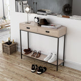 Oak Wood Console Table with 2 Drawers, Hallway Foyer Table with Storage Shelves