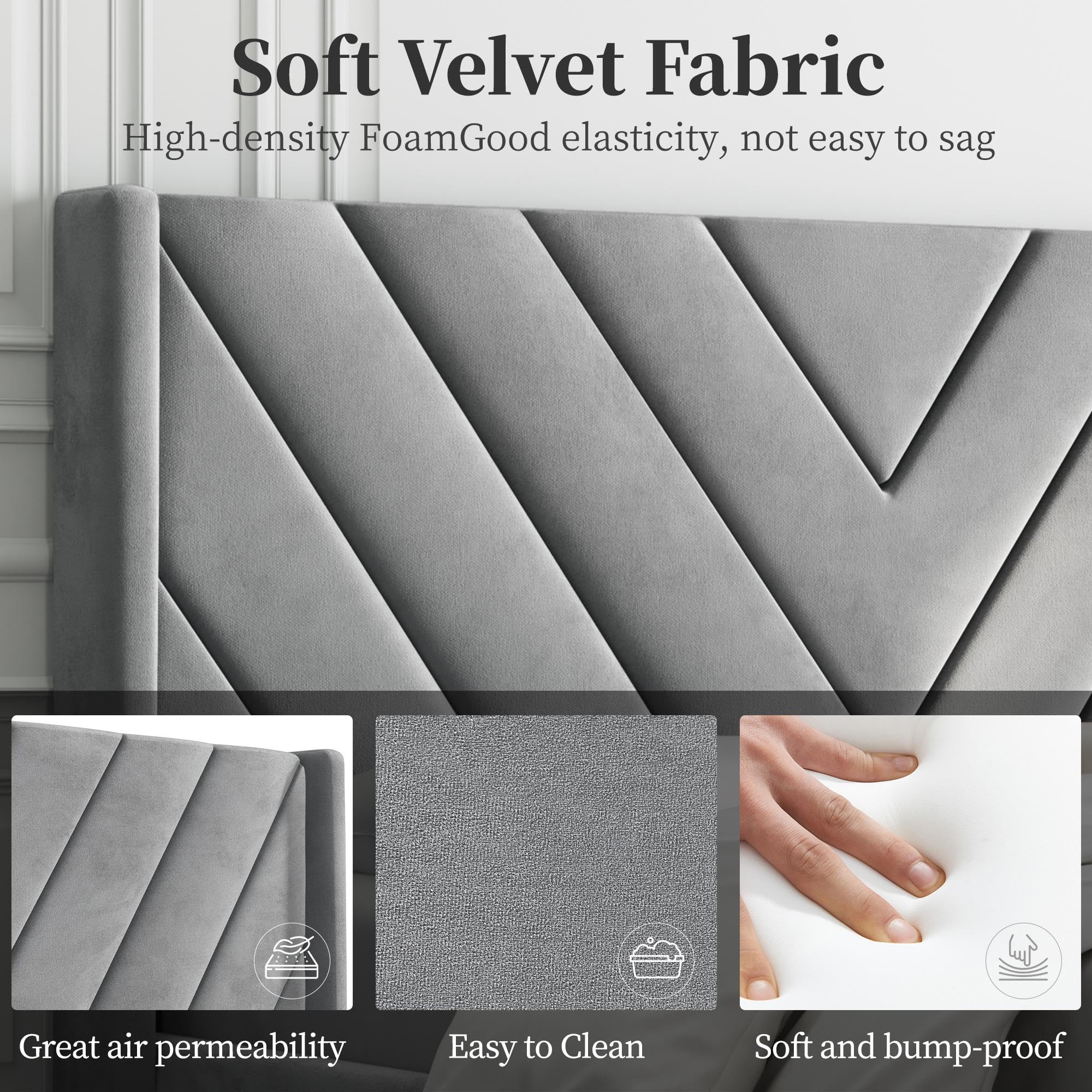 Queen Bed Frame Upholstered Platform Bed with Wing Side/Wooden Slat Support/Tufted