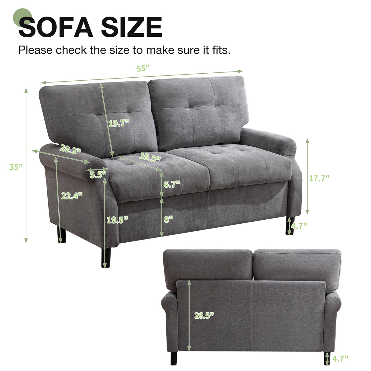 55" Loveseat Sofa, 2 Seater Sofa for Small Spaces, Removable Back and Thickened Soft Sofa Cushion,