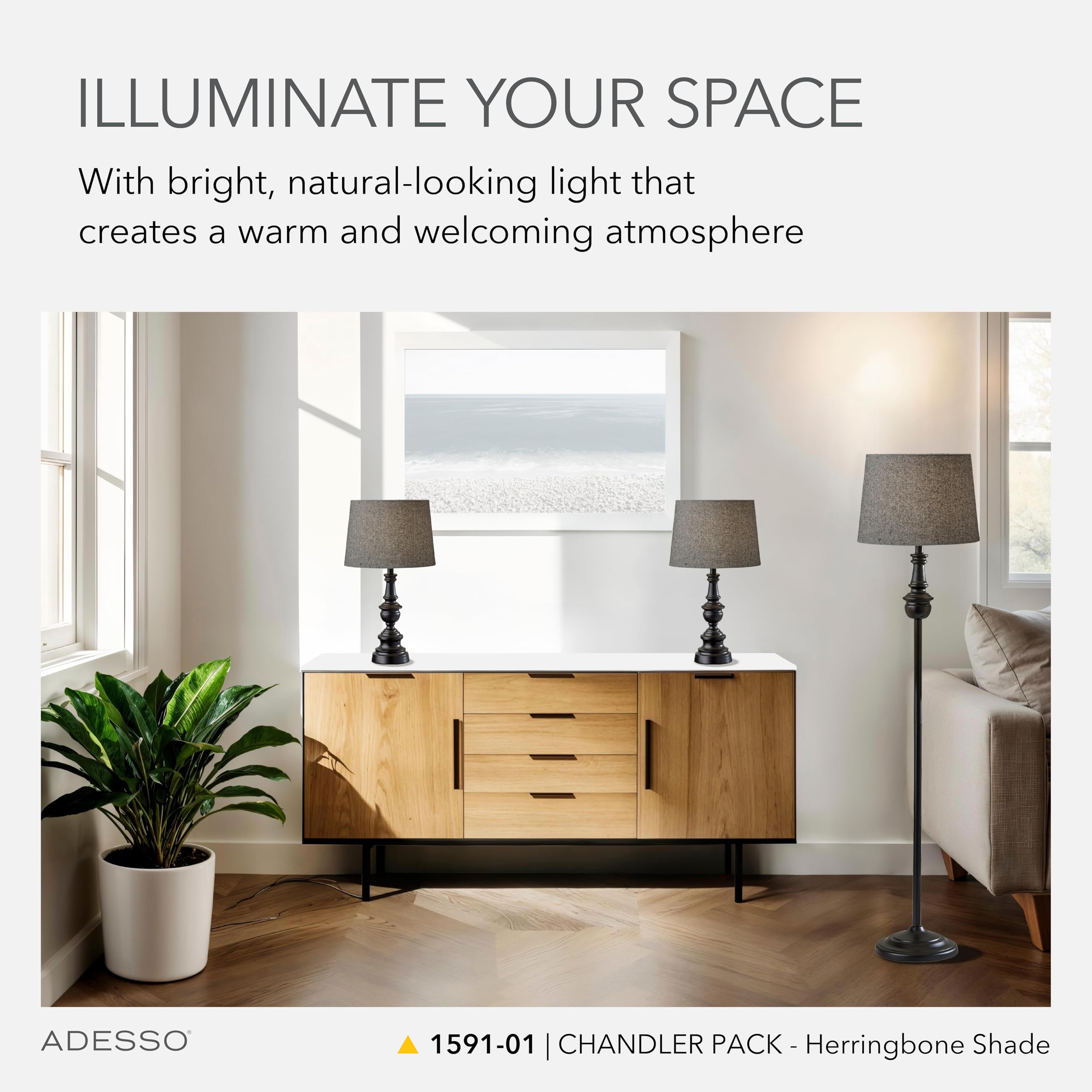 3-Piece Lamp Set with Bronze Base & Dark Herringbone Shade